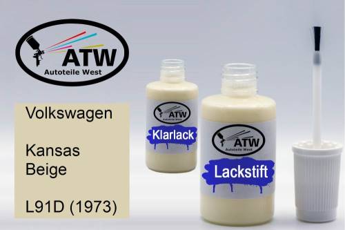 Volkswagen, Kansas Beige, L91D (1973): 20ml Lackstift + 20ml Klarlack - Set, von ATW Autoteile West.